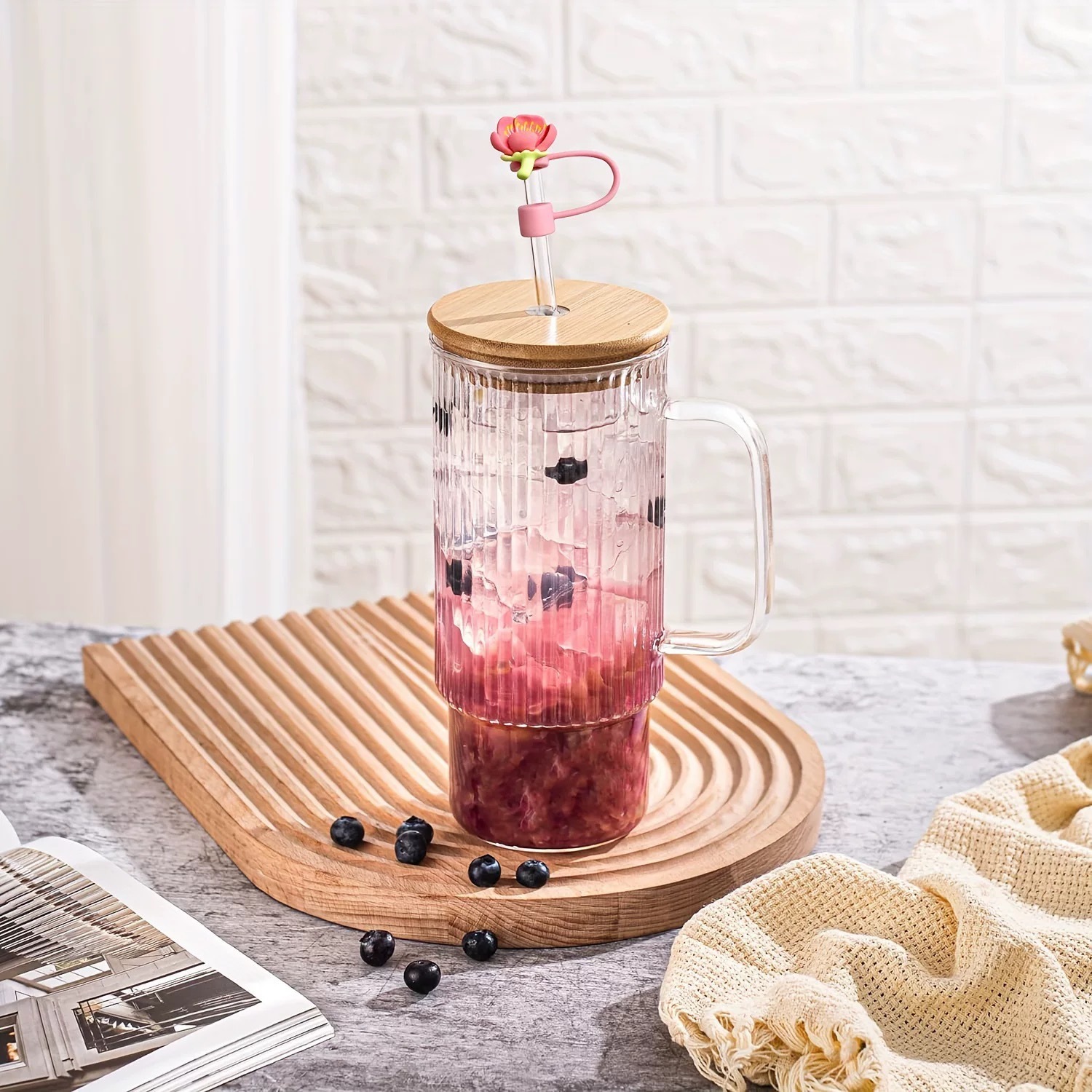 Nuevo cross-border cerezo silicona mangas de paja tapa de paja de vidrio flor serie de tapón de paja de polvo