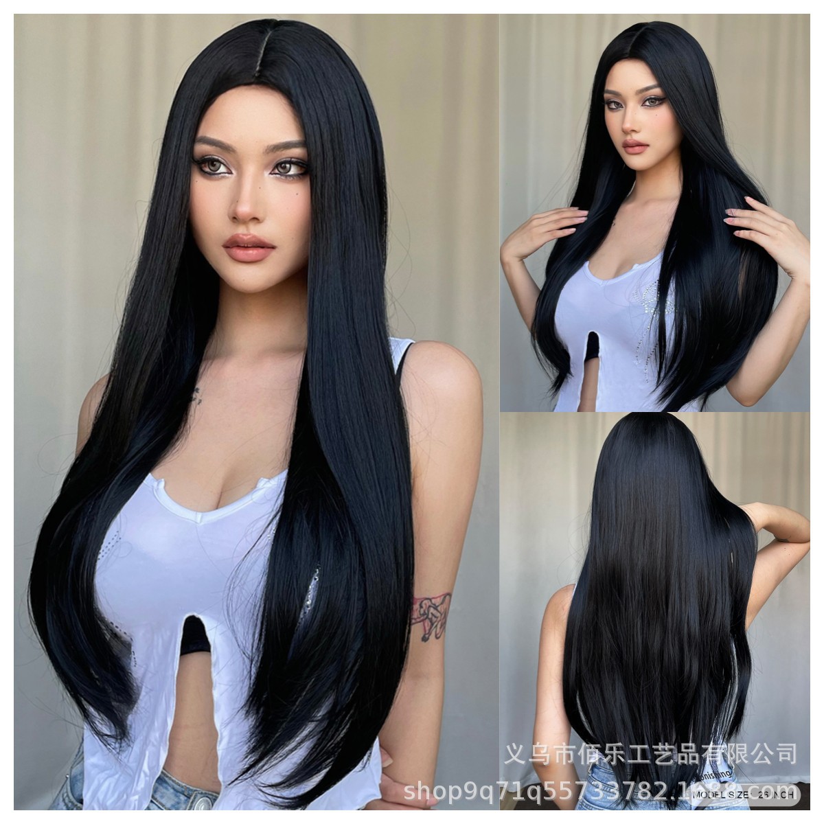 Peluca negra transfronteriza con raya al medio, cabello largo y liso, cobertura completa, suave y natural, red de rosas, pelucas en stock listas para envío del fabricante.