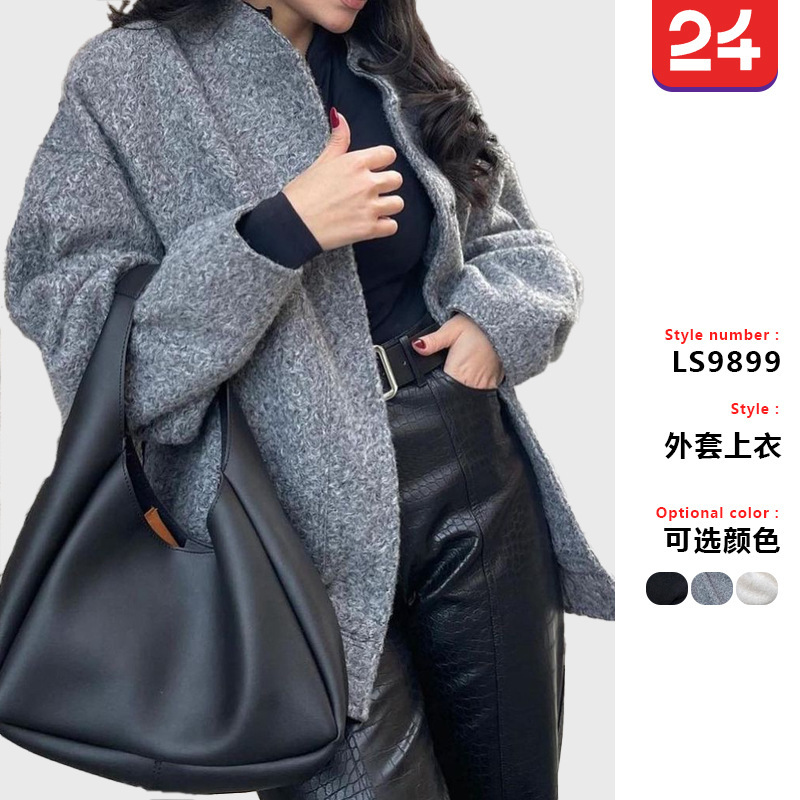 2025 Cross-Border European and American New Women's Casual Pure Color Stand-Up Collar Single-Breasted Large Flap Pocket Pants Loose and Comfortable Long-Sleeved Jacket