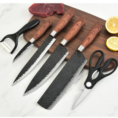 廠家不鏽鋼錘紋廚房刀具六件套壓紋黑鋼鍛打錘紋刀具彩盒套刀