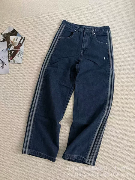 New Spring and Autumn Vintage Striped Denim Wide-Leg Jeans Unisex Loose Sports Suit Straight-Leg Trousers 6234