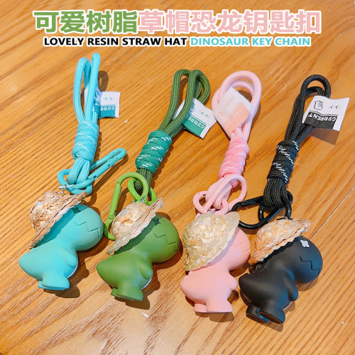 Cartoon Cute Resin Straw Hat Dinosaur Keychain Couple Keychain Car Bag Pendant Small Gift Wholesale