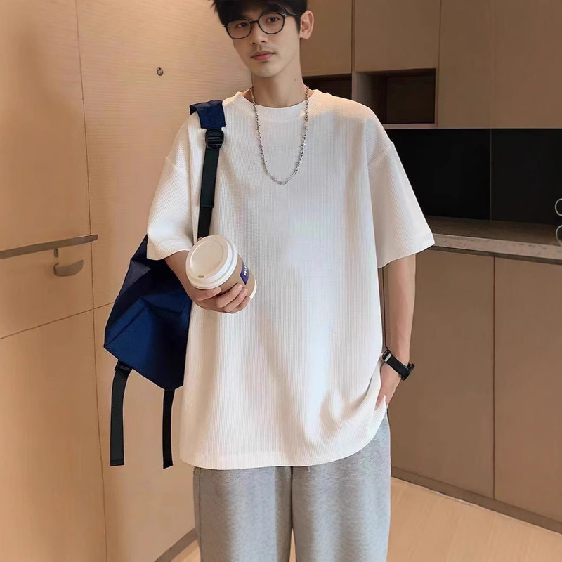 New Waffle T-Shirt Men's Short-Sleeved Summer Trendy Brand T-Shirt American Trendy Loose Casual Boyfriend Style Couple Short-Sleeved