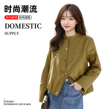 秋季新款pu皮皮衣外套女士上衣休闲风圆领拼接机车服麂皮绒外套