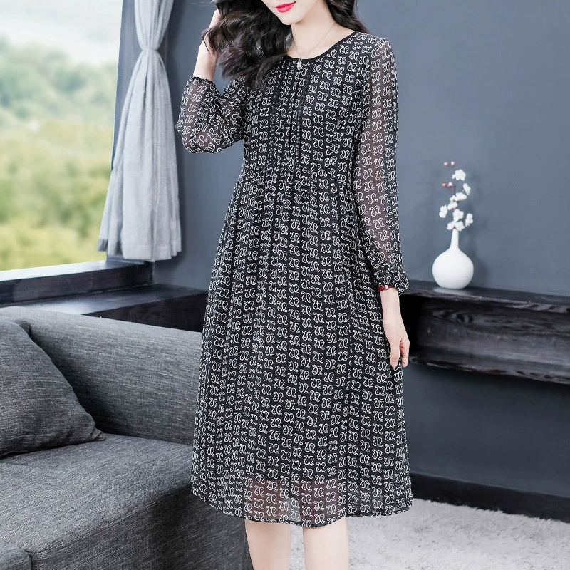 Новое летнее приталенное платье Mori с длинными рукавами, свободное платье больших размеров для женщин среднего и пожилого возраста с круглым вырезом и отделкой ушами