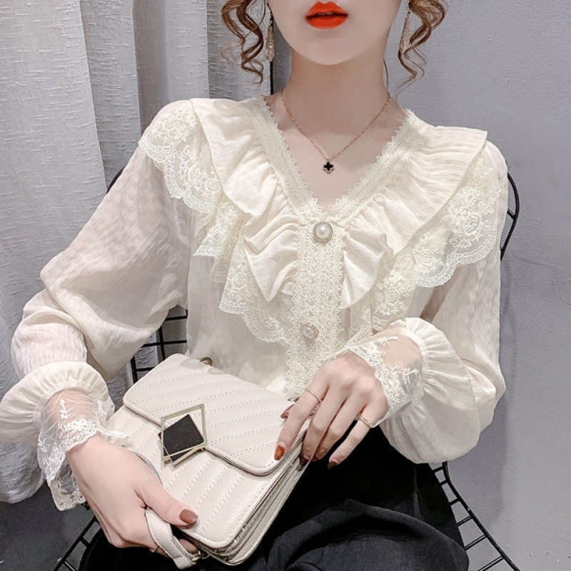 2025 Spring and Autumn New Korean Style Fashionable V-neck Lace…