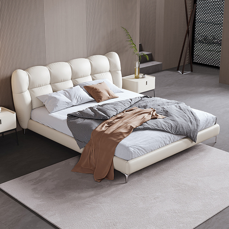 Italiano minimalista cama de cuero genuino moderna cama doble dormitorio principal 1,8 m primera capa de piel de vaca cama suave bolsa de boda cama diseñador