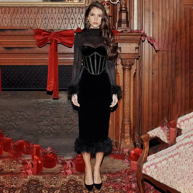 美式秋季长袖长裙 欧美风时尚毛毛束腰网纱拼接韩国绒连衣裙女