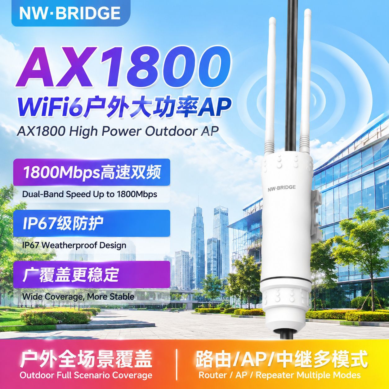 Outdoor dual-antenna AX1800 wireless AP omnidirectional WiFi signal amplifier WiFi6 dual-band 5G gigabit network