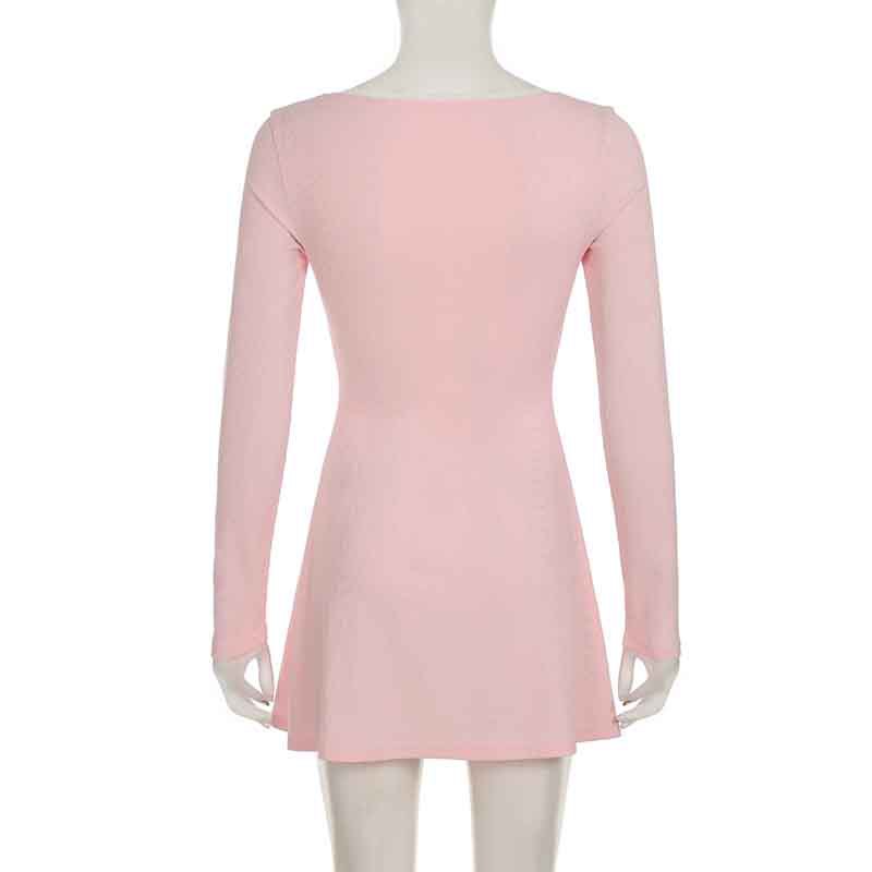 Sexy Girlish Lace Stitching Pleated Tie V neck Long Sleeve Dress Slimming Cinched Short Dress