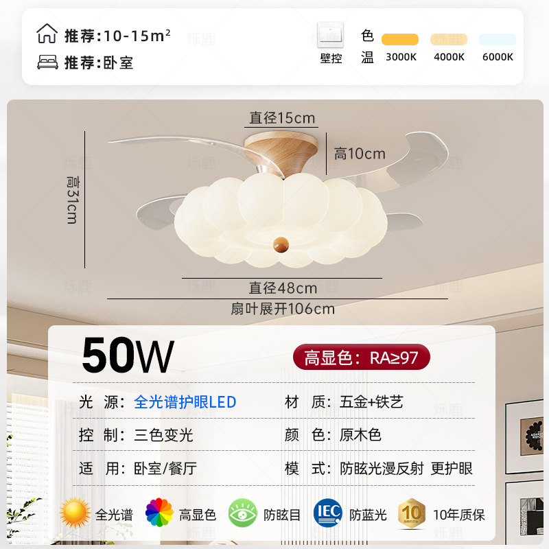 奶油风隐形风扇灯卧室南瓜餐厅吊扇灯家用护眼变频静音吸顶风扇灯|undefined