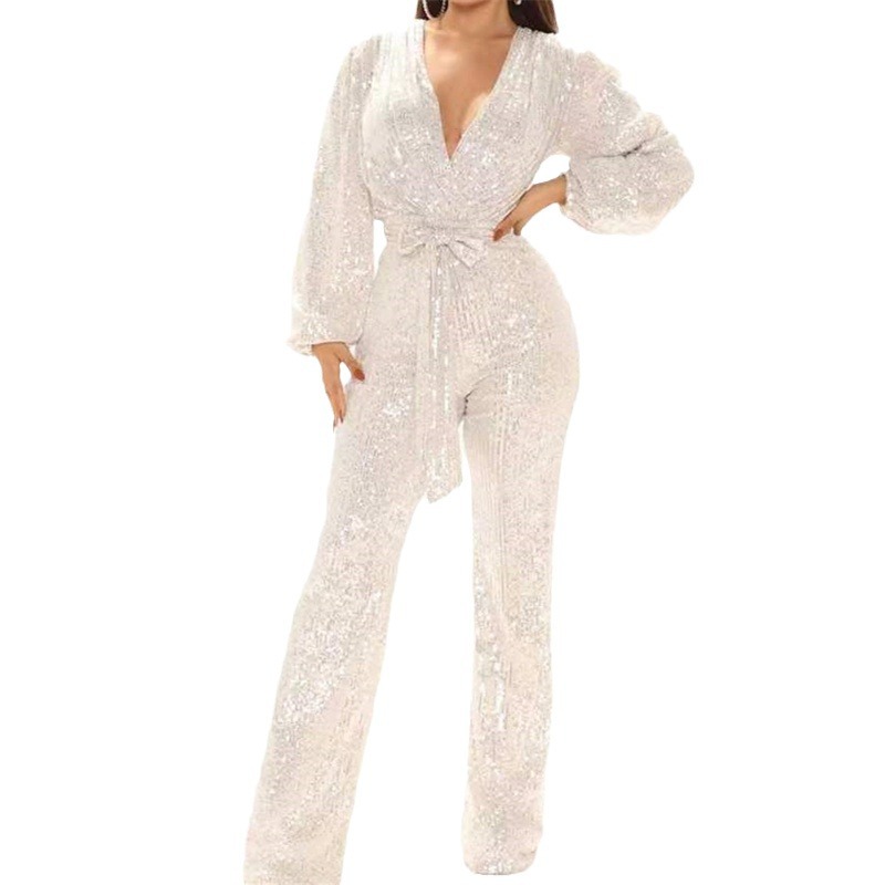 Ropa de mujer europea y americana Amazon Otoño e Invierno moda popular elegante lentejuelas pantalones de una pieza sexy cuello en V Pantalones anchos