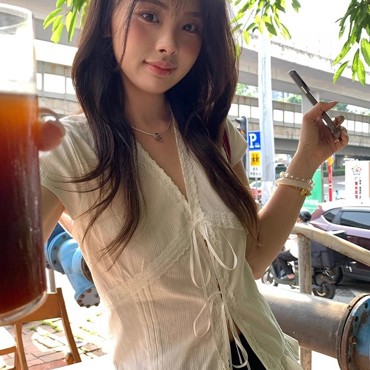 夏季小众设计感小衫简约修身上衣法式白色蕾丝花边系带短袖衬衫女|undefined