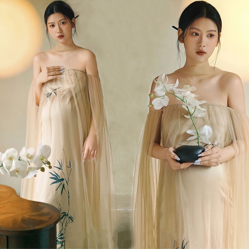 Photo Studio Theme Maternity Photo Clothing Fashion Beautiful Fresh Strapless Dress Pregnant Mommy Belly Photo Clothing