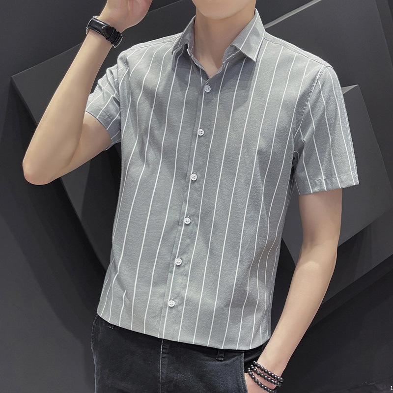 Men's Ice silk striped business shirt summer thin coat loose Korean style trendy half sleeve short sleeve t-shirt shirt