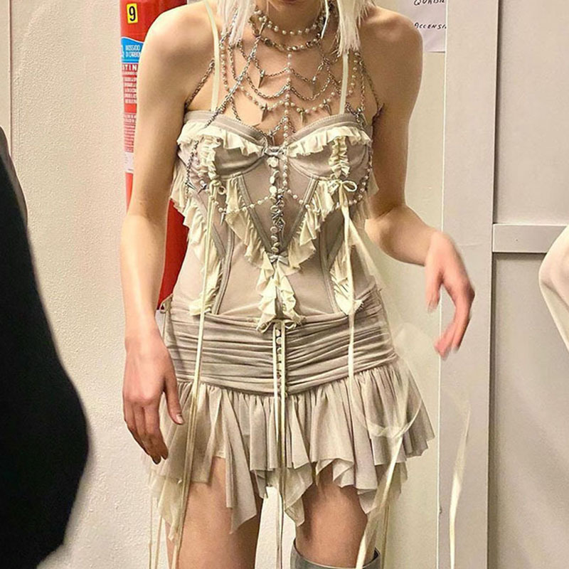 恋恋布忘时尚芭蕾风网纱分割立体渐变花边背心短裙两件套辣妹套装|undefined