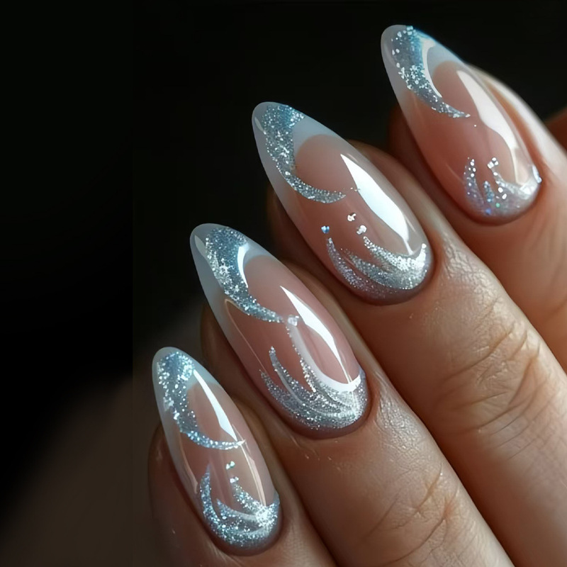 French Y2K Manicure Wearable Nails Silver Metal Flame Almond Nail Pieces Anchor Fake Nails Wearable Nails