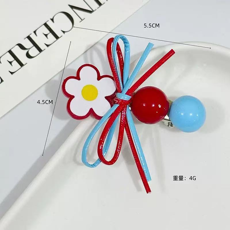 Haarclip im koreanischen Stil: Rot-blauer Color-Block-Haarclip mit kleiner Blume, Schleife und Perle, seitliches Haaraccessoire, neues Modell 2025._voghion.com