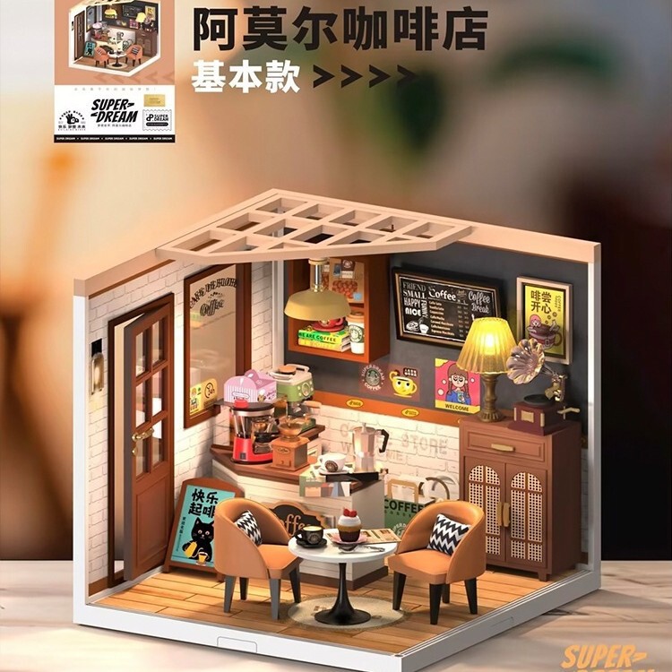 DIY Coffee Shop Sakura Tree Handmade Assembled Building Blocks Cabin Small Room Model Toys Creative Birthday Gift