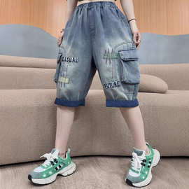 个性字母刺绣大口袋工装牛仔裤女潮流宽松百搭显瘦高腰五分哈伦裤