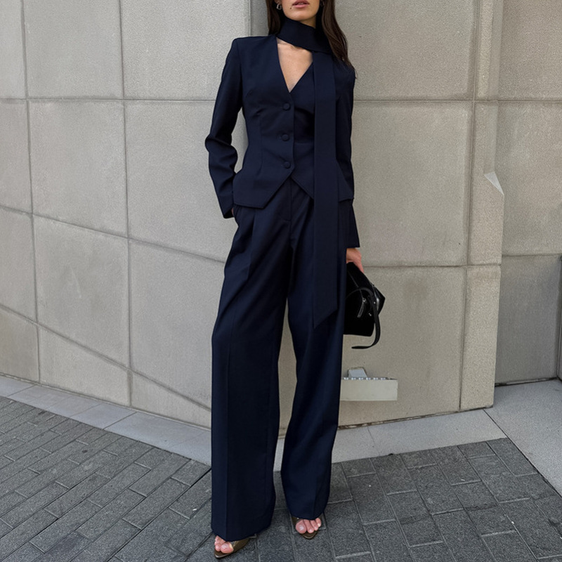欧美秋冬西装外套长裤套装女长袖v领飘带饰通勤小众气质休闲西服|undefined
