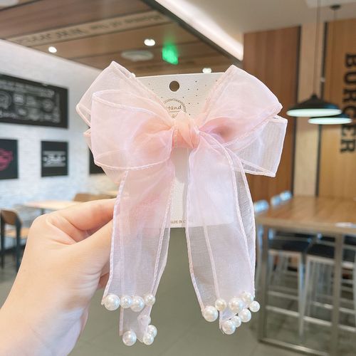Korean-style bow ribbon pearl children's hair clip princess fairy-like tassel net lace hairpin solid color fabric hair accessory