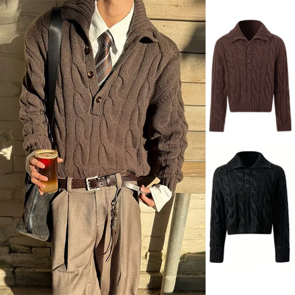 Herren-Strickpullover mit Zopfmuster, grob gestrickt, hochwertig, Herbst/Winter, Polyester, Standardstärke, Cross Border, Großhandel_voghion.com