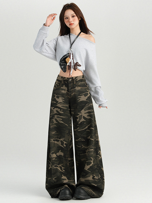 オレンジシルクの女性服 # アメリカンホットガール迷彩ハイウエストワイドレッグカジュアルパンツ女性の秋の新しいハイストリートスリムフロアモップパンツ