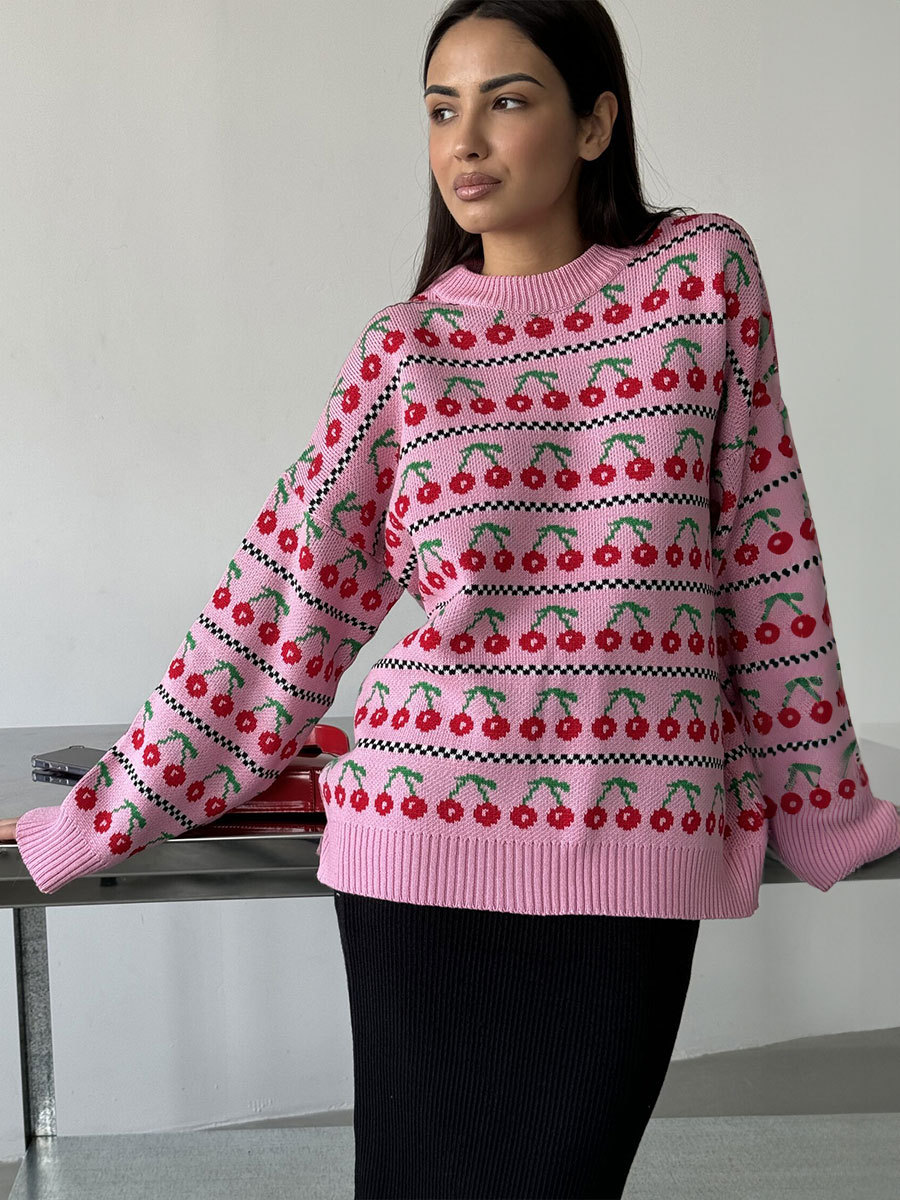 Suéter de punto retro de longitud media con cuello redondo y estampado de cerezas, estilo europeo y americano, novedad de otoño 2025