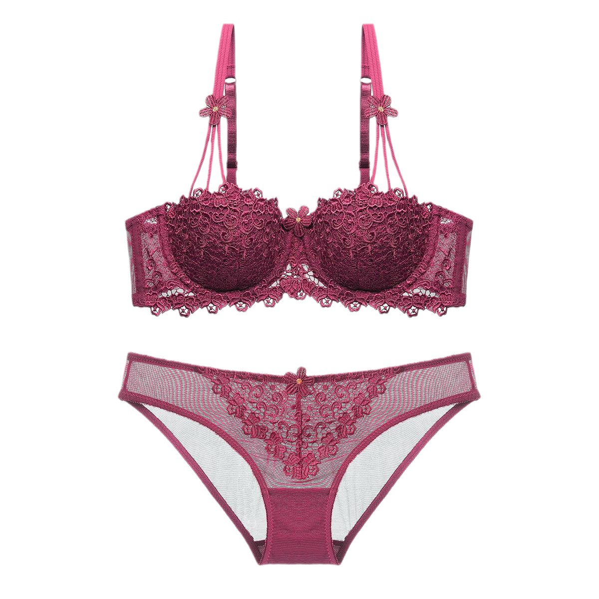 Thin 1/2 Half Cup Lace Sexy Embroidered Women's Underwear Bra Set_voghion.com