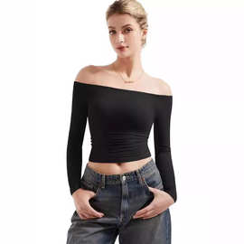 欧美亚马逊2024秋季时尚性感长袖女装一字肩服飾露脐短款套头T恤