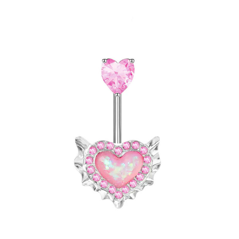 Stainless Steel New Pink Heart-Shaped Opal Belly Button Ring Clip Earrings Nose Stud Body Piercing Jewelry_voghion.com
