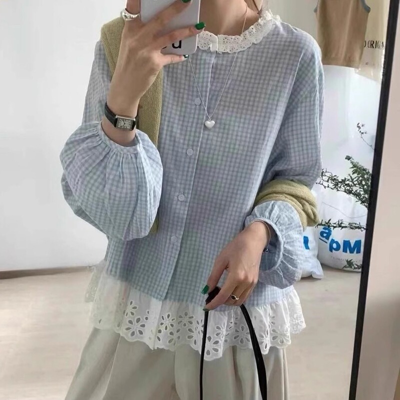 Early Spring 2025 New Korean-Style Sweet Lace-Trimmed Shirt for Women, Loose and Versatile, Slimming Plaid Shirt Top, Trendy