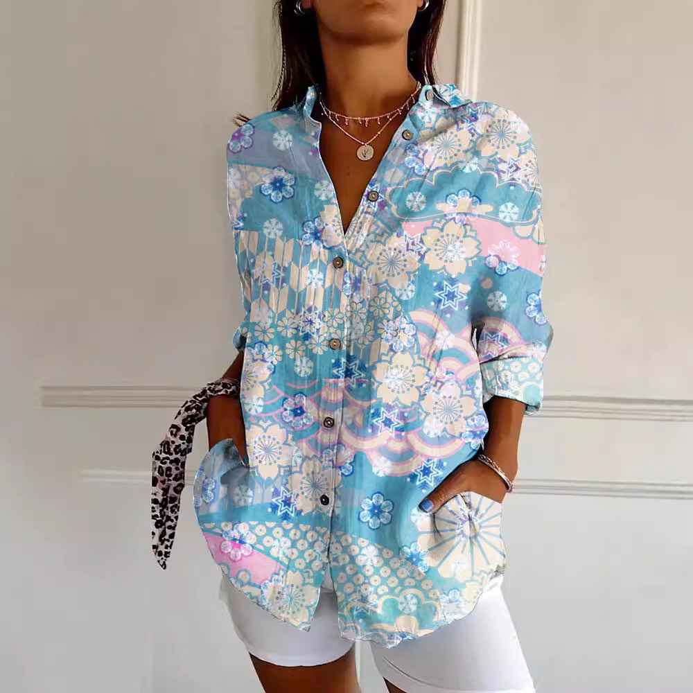 2026 New Foreign Trade Women's Shirts, Summer European and American Trendy Long-Sleeve Printed 3D Floral Short-Sleeve Pattern Fashion