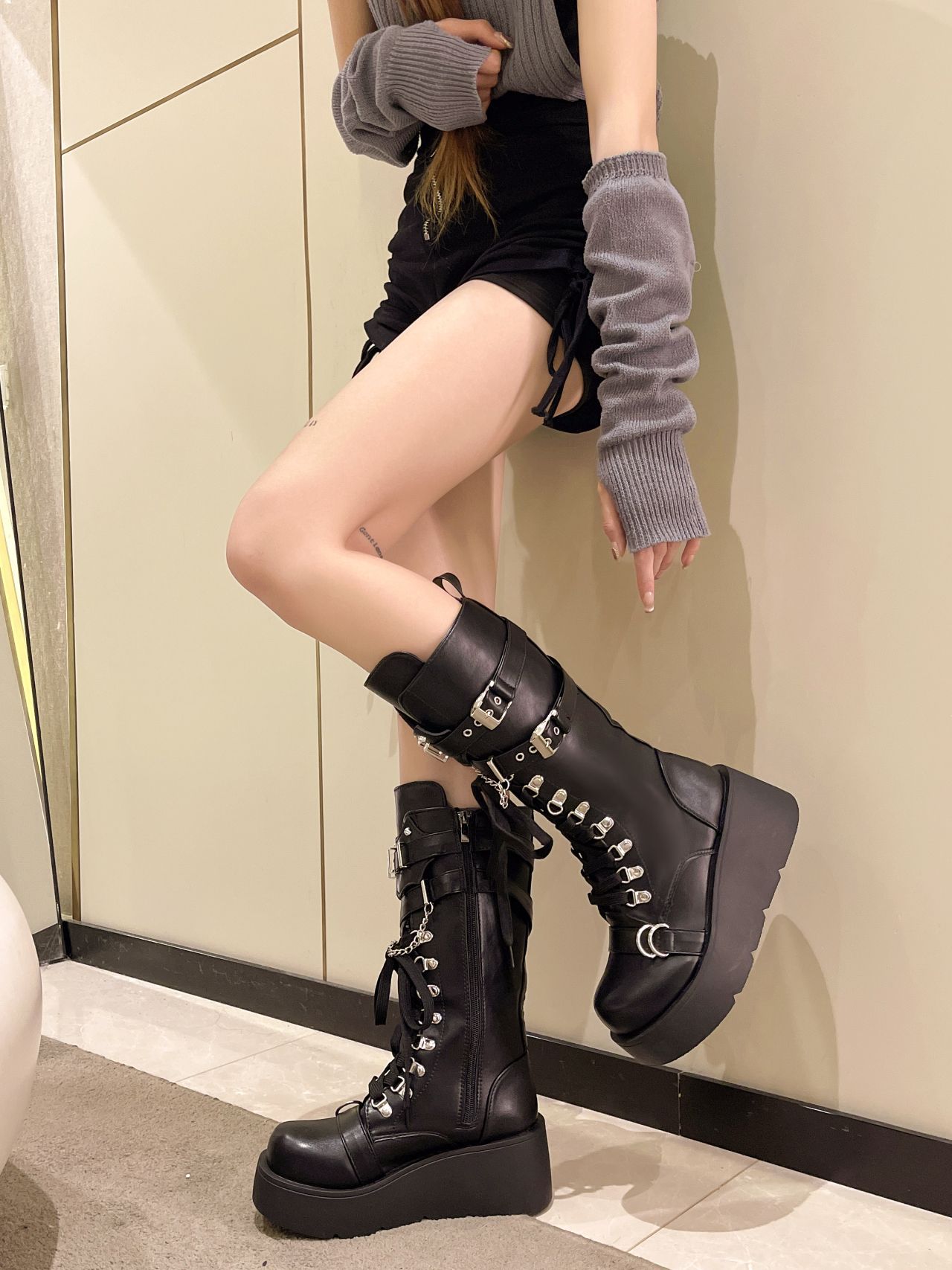 Women's Shoes rivet buckle thick heel mid tube boots women's Gothic punk style knight boots _voghion.com