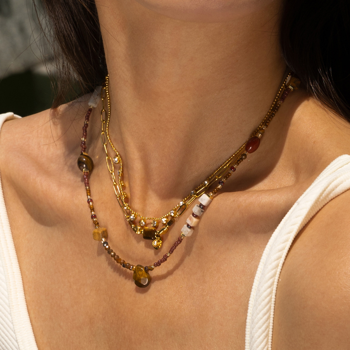 Taena collar de acero inoxidable europeo y americano, lujo ligero, sentido de alta gama, moda para mujer, collar de circón de piedra natural, venta caliente transfronteriza para mujer