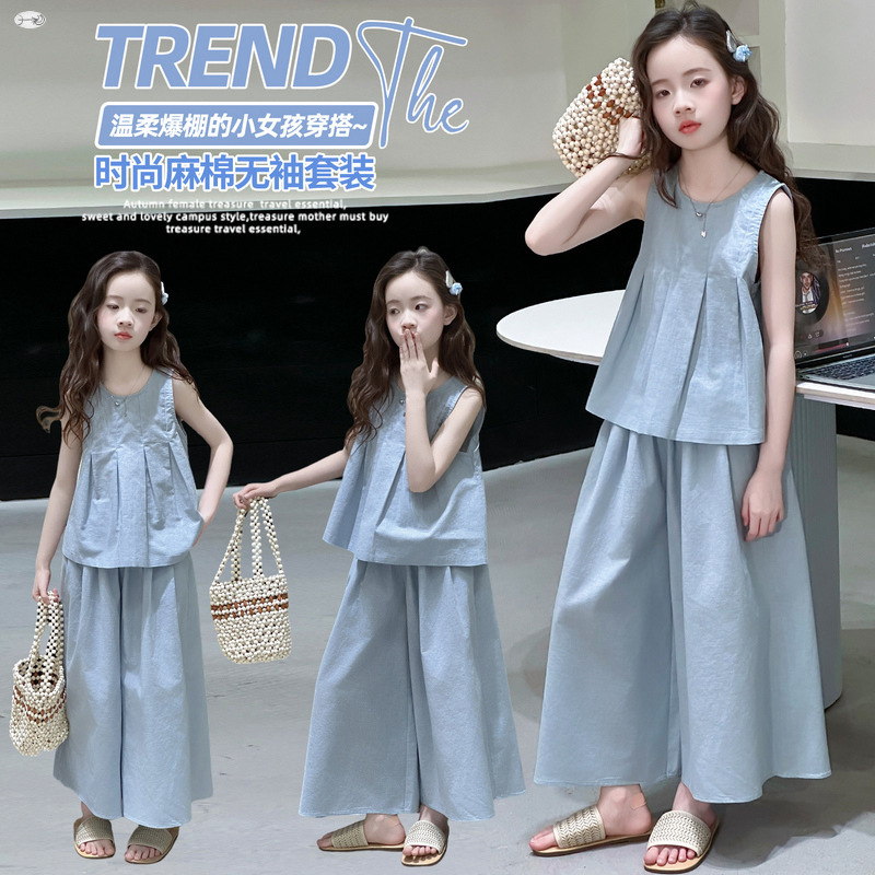 Girls' Sleeveless Cotton and Linen Suit Summer Thin 2025 New Style Kidsren's Style Korean Style Wide-Leg Pants Two-Piece Set for Older Kidsren