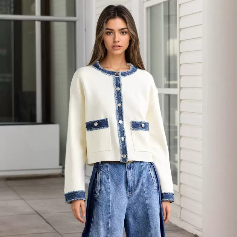 法式优雅2025秋季时尚新款欧美跨境毛毛牛仔撞色边长袖短款外套