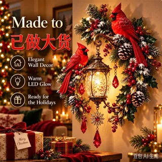 Cardinal Christmas Lantern Glow 红雀圣诞灯笼发光节日彩灯墙饰