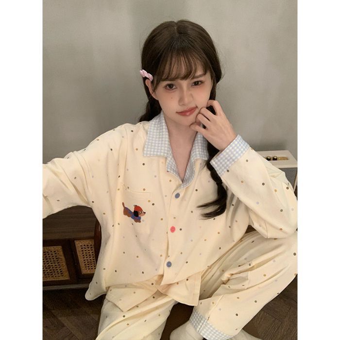 日系卡通睡衣女春秋季新款棉绸波点腊肠狗长袖大码网红家居服套装|undefined