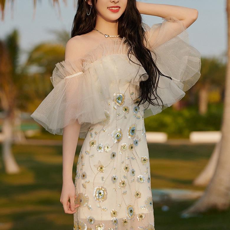 越南走秀款女装2024夏季设计师亮片一字领连衣裙亚马逊跨境9478