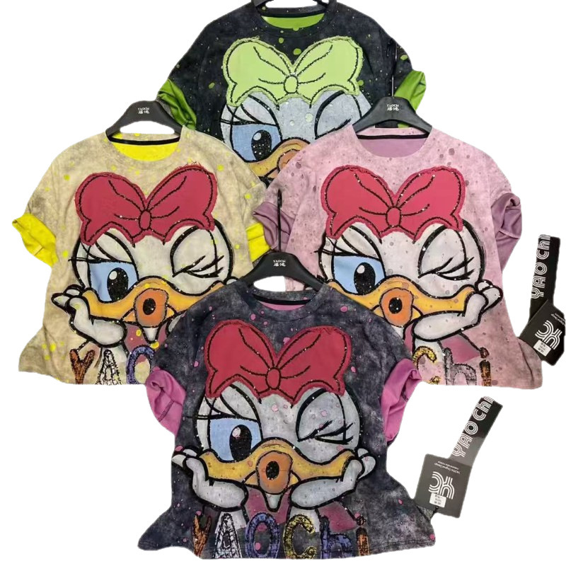 Tide 25 primavera y verano nuevo suelto camiseta de impresión de mangas cortas de mujer dibujos animados versátil diseño de moda casual camiseta image 4