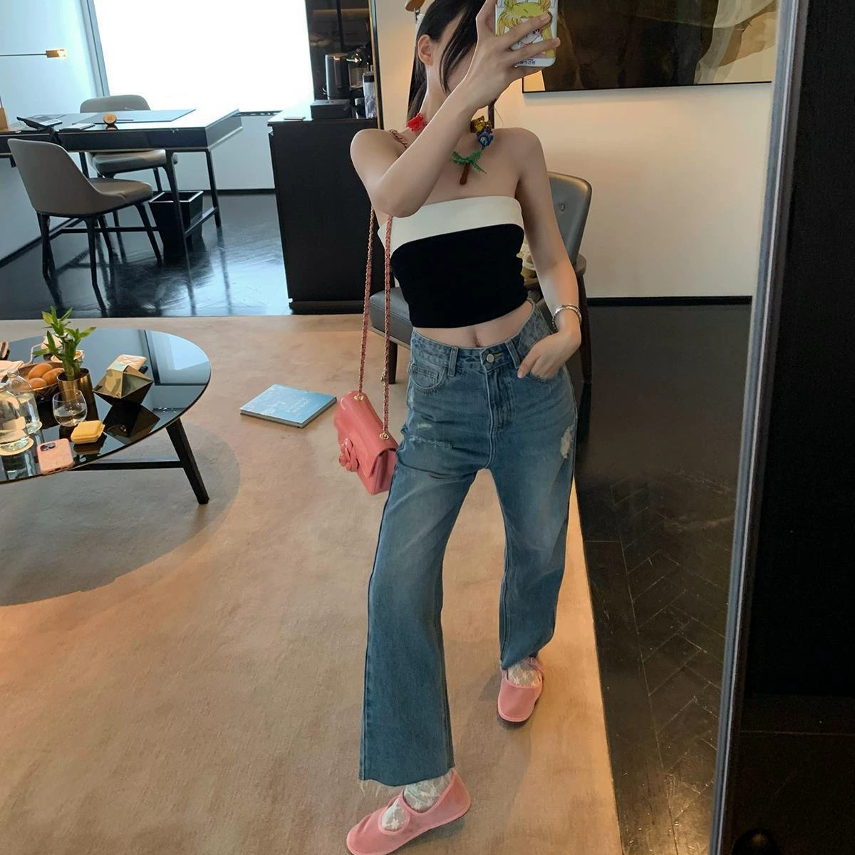 [Готовый запас] MS Street Ripped прямые джинсы, женские повседневные брюки нового нишевого дизайна 2024 года