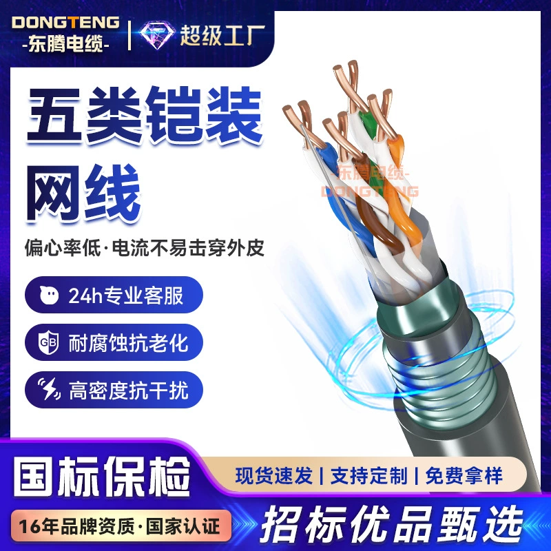 Бронированный сетевой кабель Dongteng категории 5e, устойчивый к укусам крыс, с металлической оплеткой из стали, медным жилом без кислорода, неэкранированный, для инженерных проектов, подземной установки на открытом воздухе.