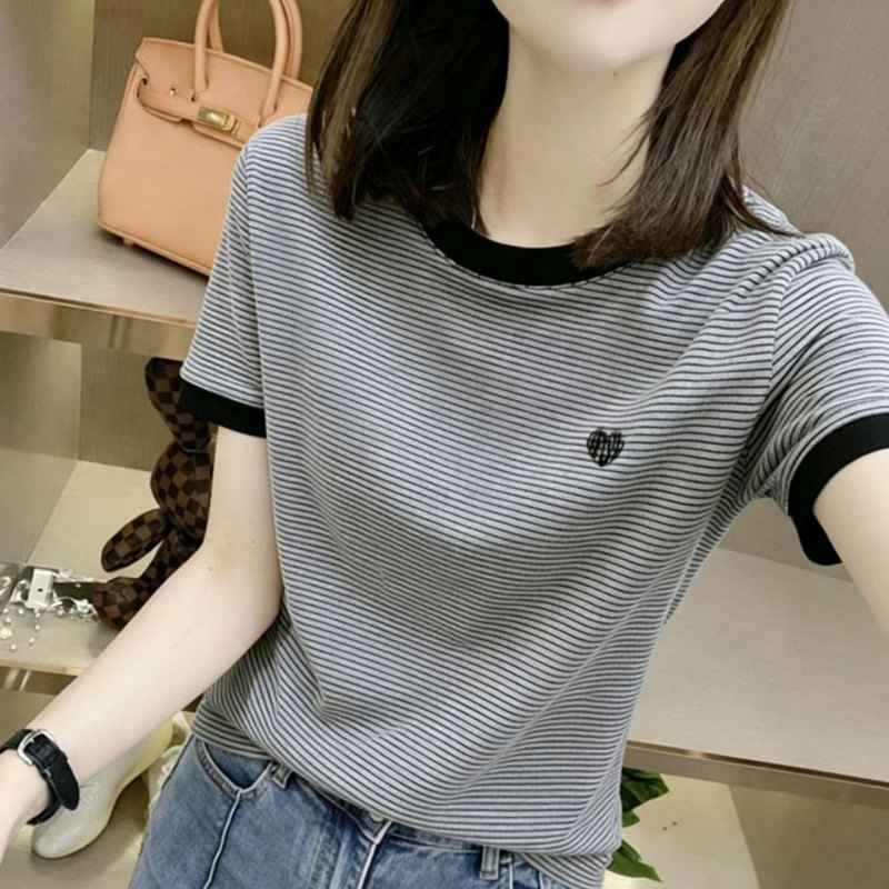 High-Quality Striped Short-Sleeve T-Shirt for Women, Summer New Fashion Versatile Slim-Fit Round-Neck Stylish Top