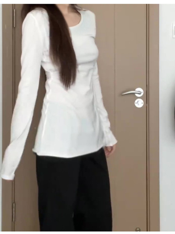 白色小香风内搭打底衫女2025年早秋冬季圆中长款修身长袖正肩t恤|undefined