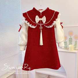 女童新年装连衣裙冬季小女孩中国风旗袍裙童装儿童红色拜年服裙子