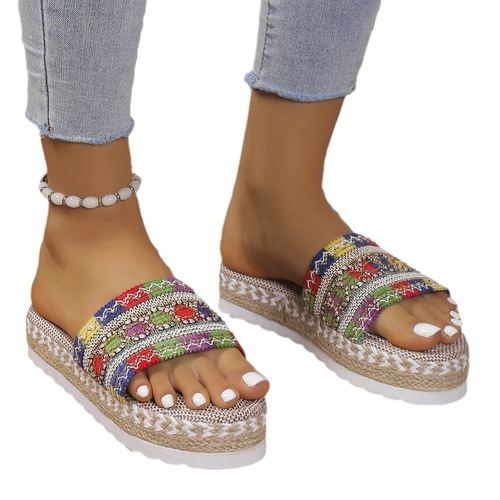  New European and American Ethnic Style Foreign Trade Large Size Women's One-Piece Thick Sole Fish Mouth Jute Candy Color Slippers