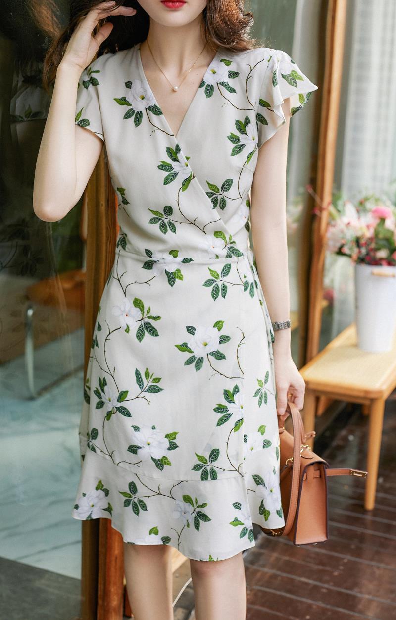 floral below knee length dresses Summer V-Neck Dress Knee-Length Women Party Sweet Lace Up Dress luxury satin dress
