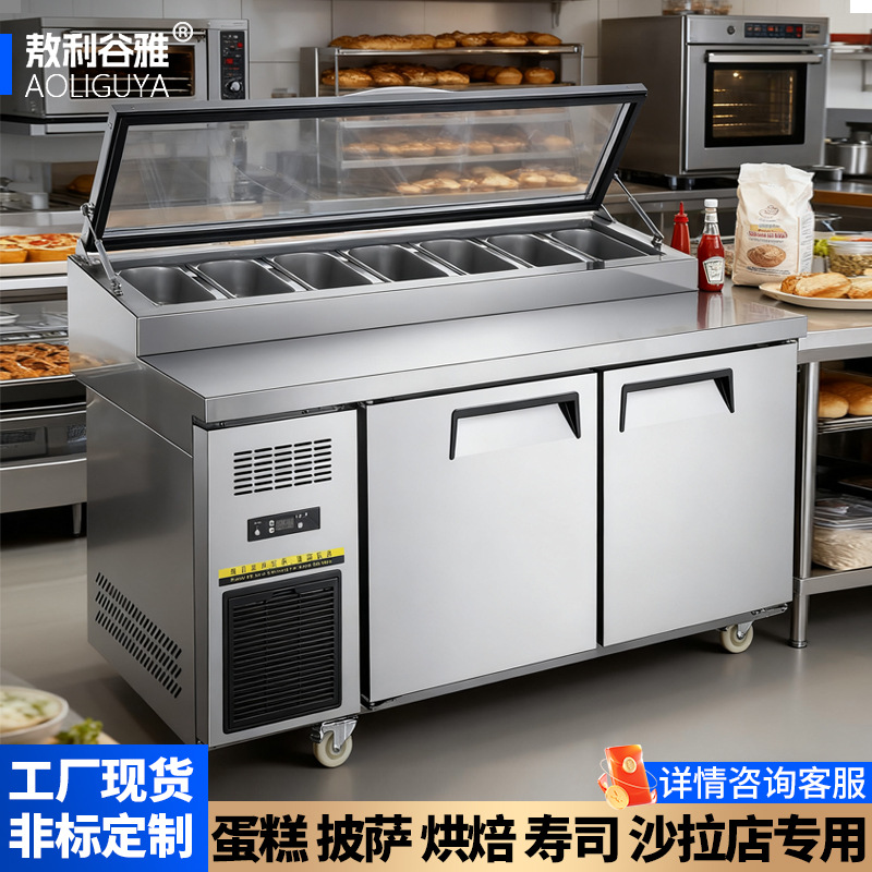 Commercial Stainless Steel Pizza Operating Table, Fruit Salad Table, Air-Cooled Refrigerated Freezer, Commercial Display Cabinet